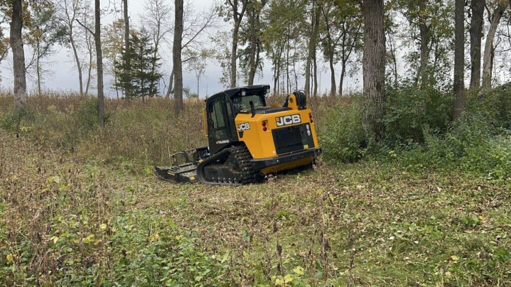 Stinger Twister F3 skid steer brush cutter clearing woods with JCB Teleskid