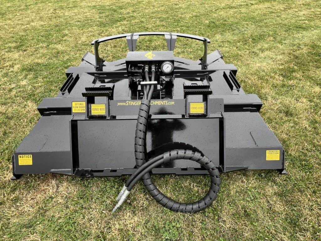 Stinger Twister F3 skid steer brush cutter rear view with hydraulic hoses