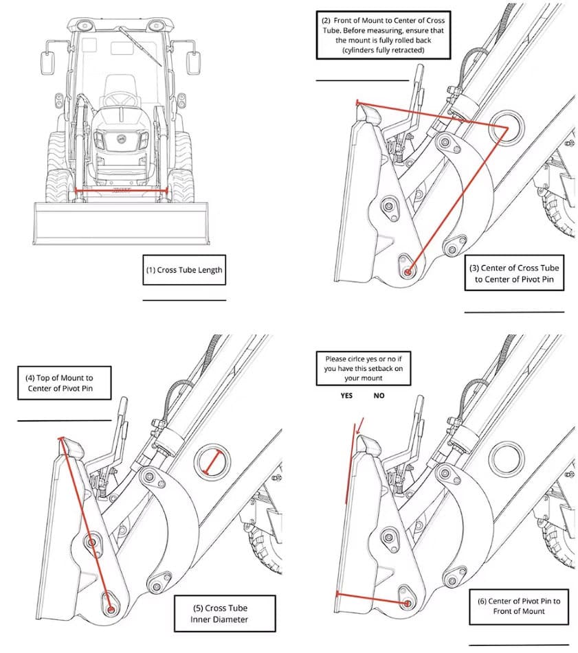ANBO CLASP-IT mechanical grapple loader fitment diagram showing required cross tube and pivot pin measurements