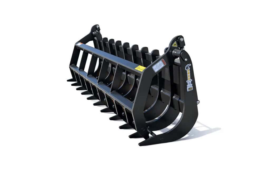 ANBO GR140HC heavy duty grapple rake shown from the front angle with curved grapple arms and aggressive lower tines
