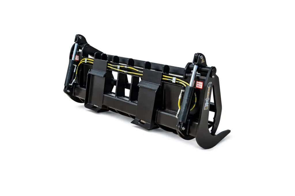 Rear angle view of the ANBO GR140HC heavy duty grapple rake showing dual cylinders, hydraulic lines and attachment mount