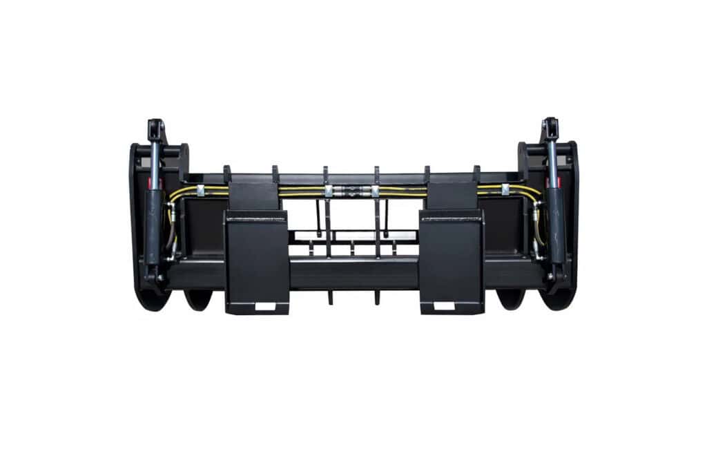 Rear view of the ANBO GR140HC heavy duty grapple rake showing dual hydraulic cylinders, hoses and loader mounting plate