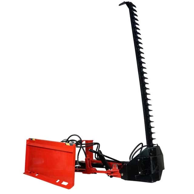 Eterra skid steer sickle bar mower shown from the rear with the cutting bar raised vertically