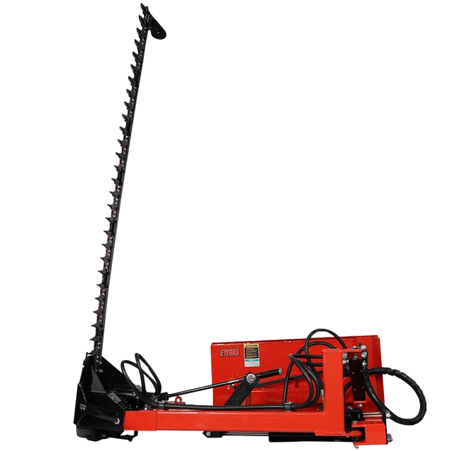 Side product view of the Eterra skid steer sickle bar mower with the long cutting bar in the vertical position