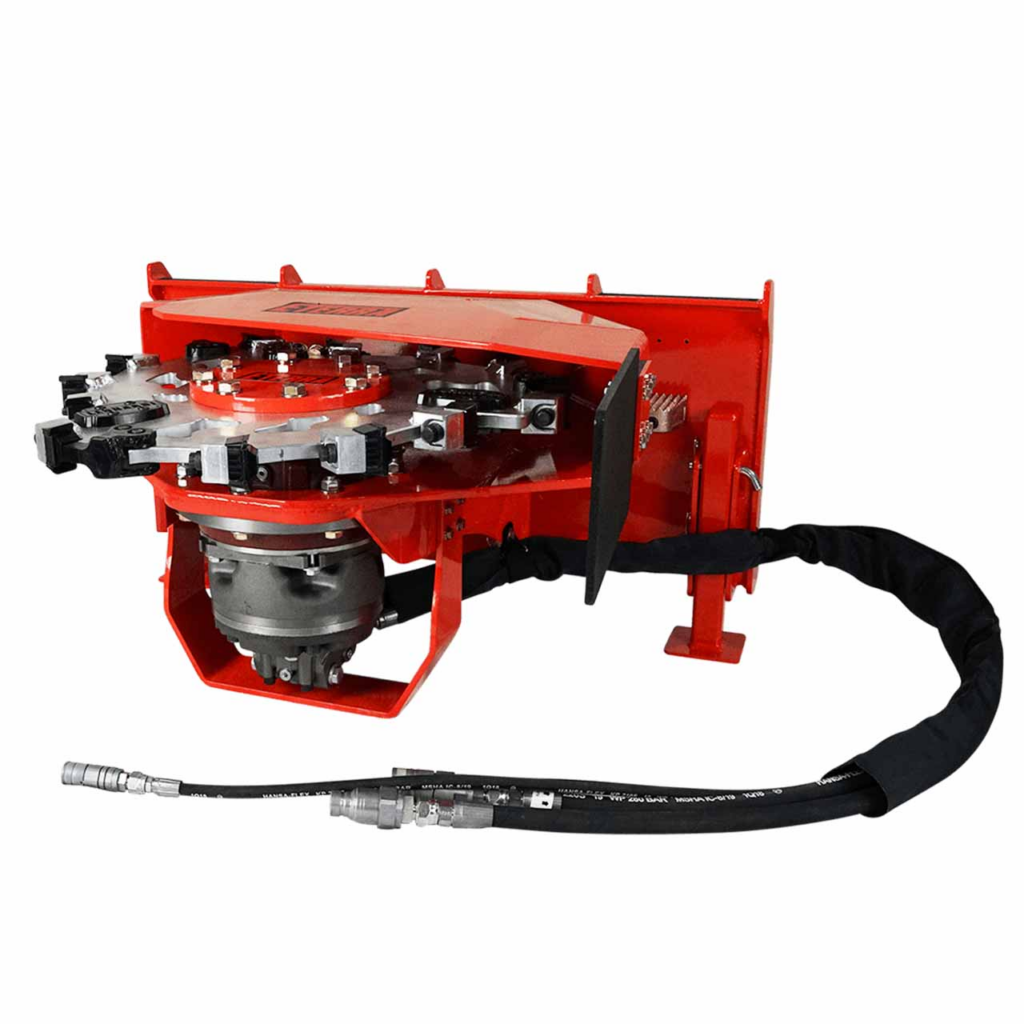 Eterra Vortex stump grinder attachment with cutting wheel, hydraulic motor, hoses, and mounting plate