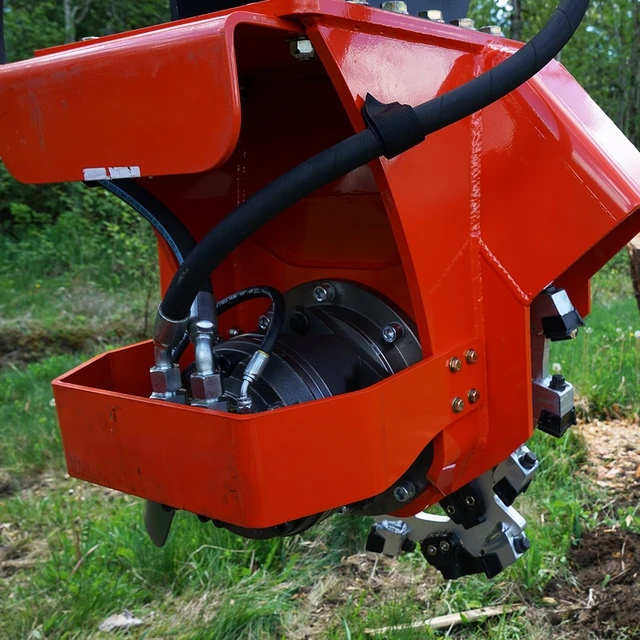 Rear view of Eterra Vortex stump grinder showing hydraulic hoses and direct-drive system