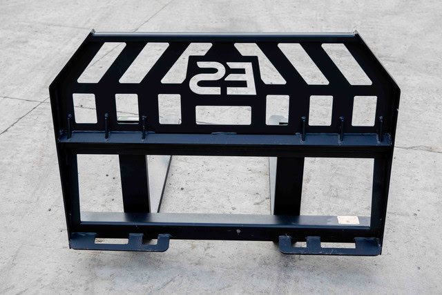 Express Steel heavy duty skid steer pallet fork frame shown from the front with reinforced steel backrest