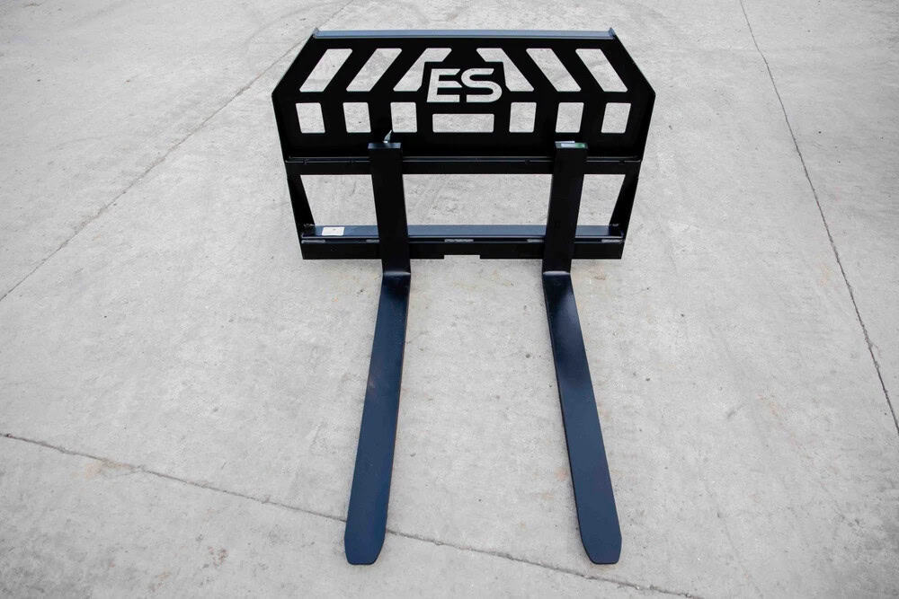 Front view of Express Steel heavy duty skid steer pallet forks showing long adjustable tines and steel backrest