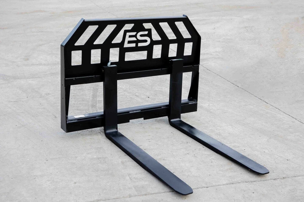Rear angle view of Express Steel heavy duty skid steer pallet forks showing the frame, fork rails and steel tines