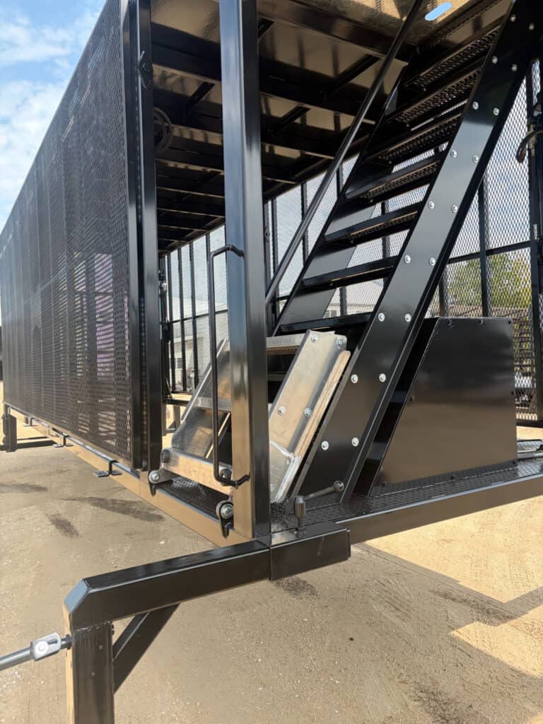 Close-up of the ECHO SS Drone Dock lower platform area showing stair access, grab handle and enclosed mesh side panel