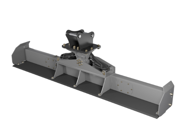 Skeer EXBeam excavator grading beam attachment with hydraulic tilt and excavator mount