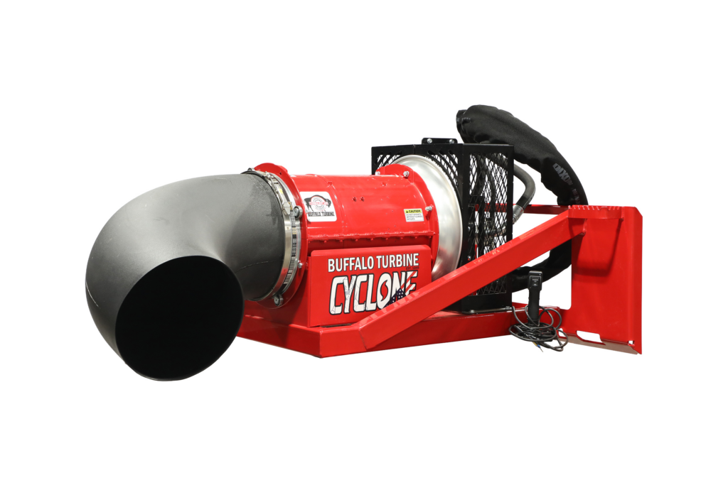 Buffalo Turbine Cyclone Hydraulic skid steer debris blower front angle view with turbine housing, nozzle, and quick attach frame