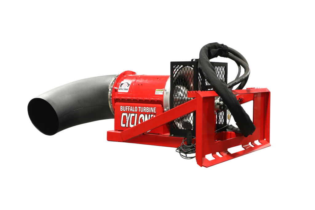 Buffalo Turbine Cyclone Hydraulic skid steer debris blower left side view with nozzle, guarded intake, and universal quick attach plate