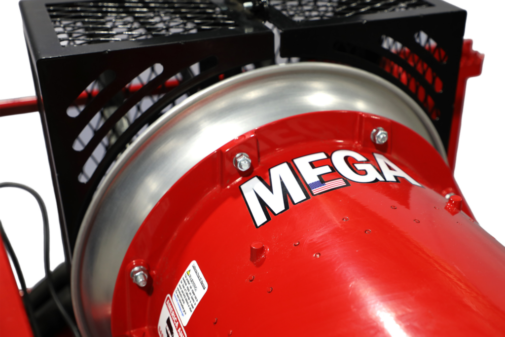 Close-up of the Mega decal on the Buffalo Turbine Cyclone Hydraulic Mega skid steer debris blower turbine housing and intake guard