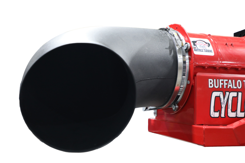 Close-up of the Buffalo Turbine Cyclone Hydraulic debris blower polymer nozzle and quick release clamp band