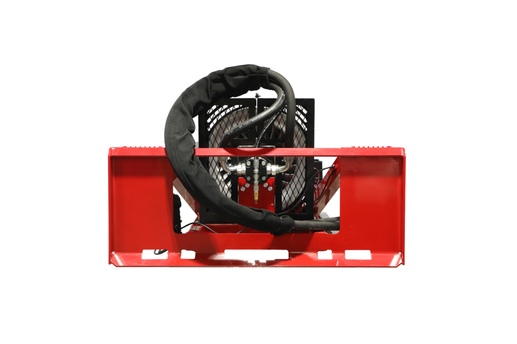 Rear view of the Buffalo Turbine Cyclone Hydraulic debris blower universal skid steer quick attach mounting plate and protected hydraulic hoses