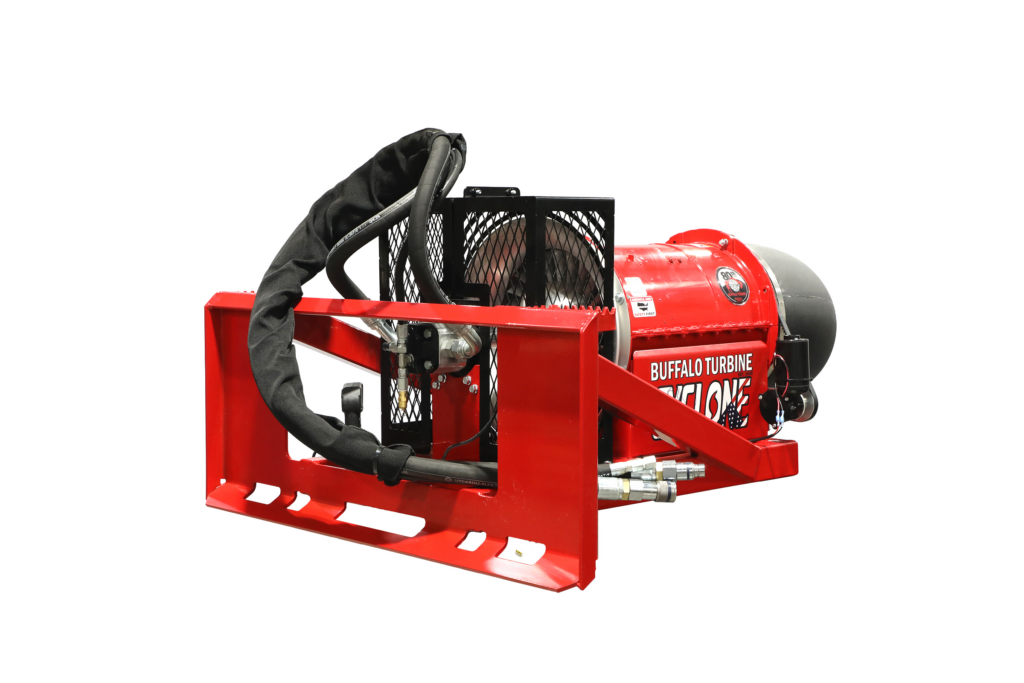 Buffalo Turbine Cyclone Hydraulic skid steer debris blower rear angle view with quick attach plate, hydraulic hoses, and flat face couplers