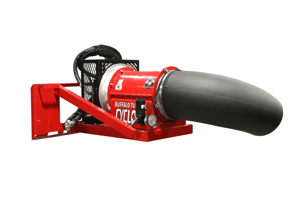 Buffalo Turbine Cyclone Hydraulic skid steer debris blower right side view with 360 degree nozzle rotation motor and belt drive