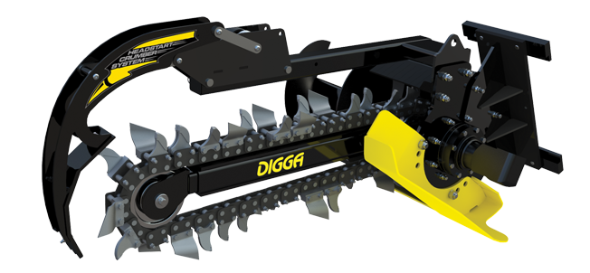 Digga Bigfoot 900 skid steer trencher with Headstart Crumber System and depth-control foot