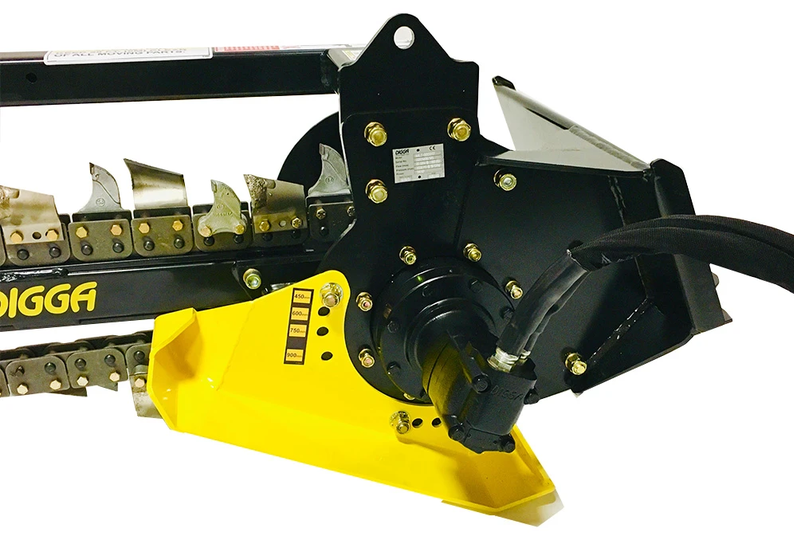 Digga Bigfoot Mini Skid Steer Trencher showing the adjustable depth-control skid foot and hydraulic drive