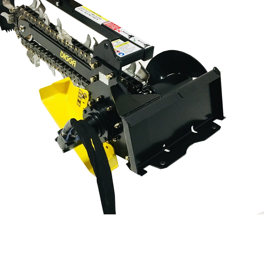 Digga Bigfoot Mini Skid Steer Trencher showing the mounting plate, hydraulic drive, and spoil auger