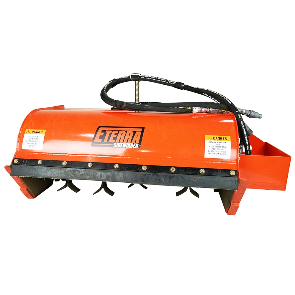 Eterra Sidewinder mini skid steer flail mower with hydraulic hoses and enclosed cutting drum