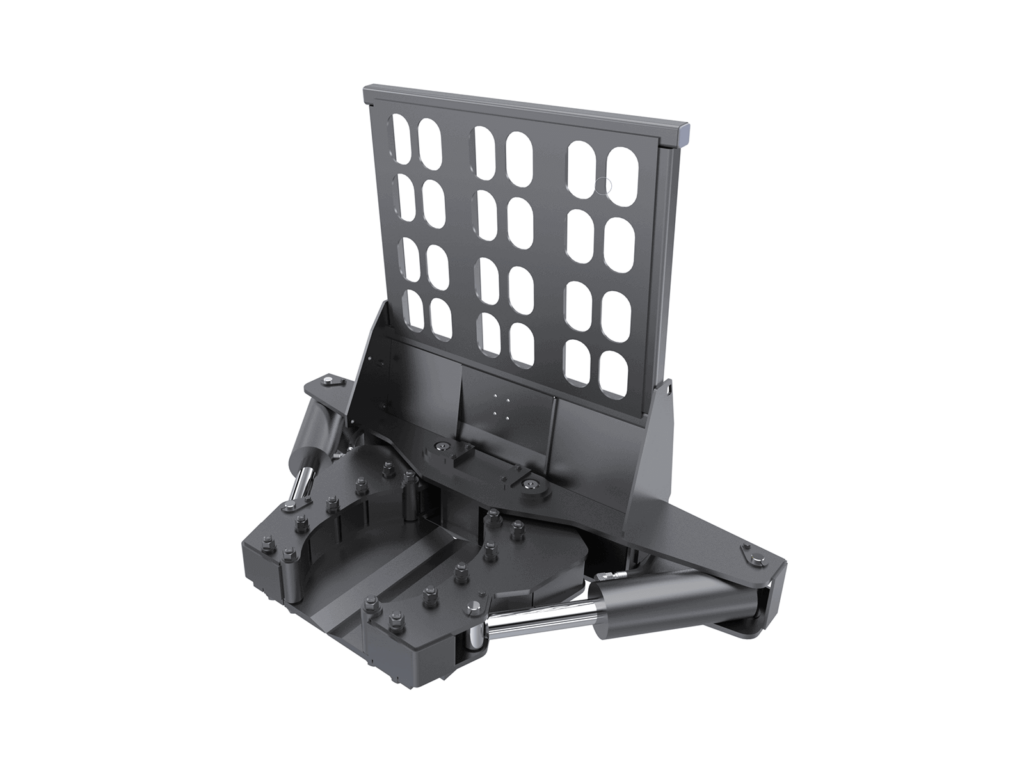 Maxx Attachments 20-inch Ranch Axe tree shear shown at an angle with included brushguard and hydraulic cylinders