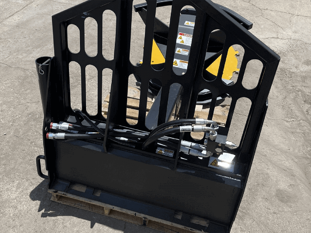 Rear view of the Maxx Attachments XD skid steer tree saw quick attach frame with hydraulic hoses and valve block