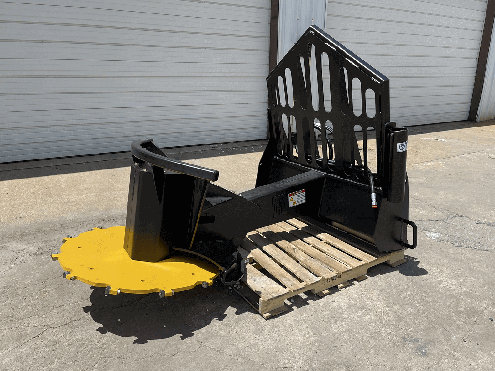 Maxx Attachments XD skid steer tree saw side angle view with universal quick attach frame, boom, and cutting disc