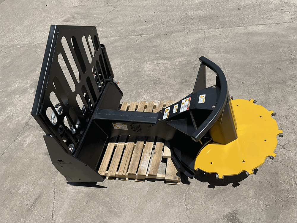 Maxx Attachments XD skid steer tree saw top view with operator guard, saw arm, brush bar, and yellow carbide-tipped cutting disc