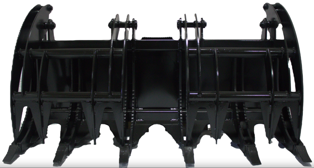 Angled front view of Prime Attachments HD Dual Clam Grapple showing two independent grapples and lower tines