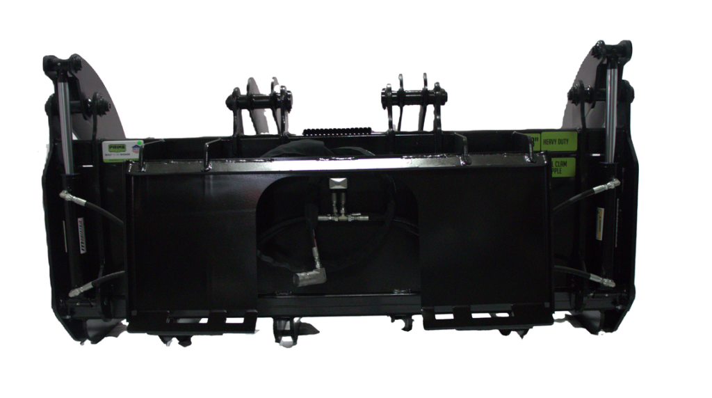 Rear view of Prime Attachments HD Dual Clam Grapple showing hydraulic cylinders and skid steer mounting plate