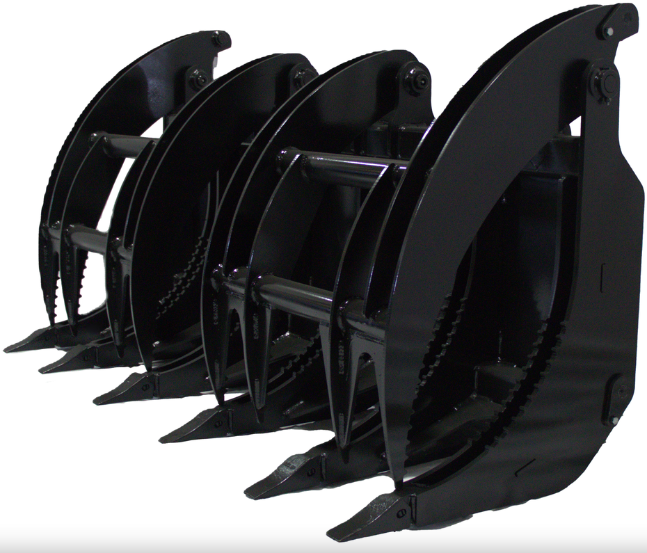 Side-angle view of Prime Attachments HD Dual Clam Grapple showing independent grapples and replaceable digging teeth
