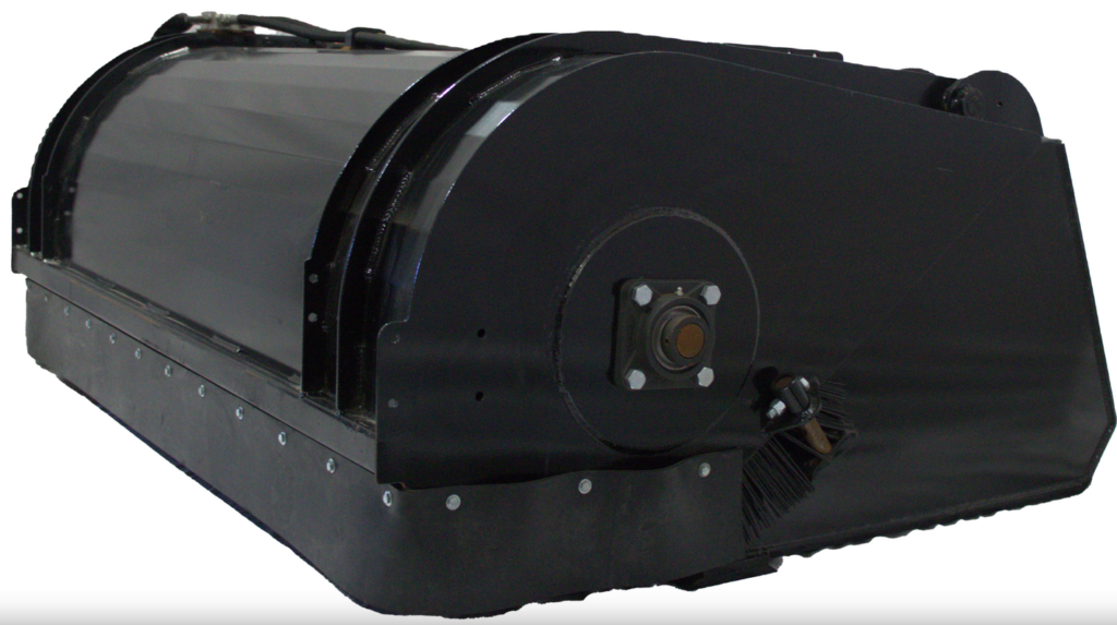 Prime Attachments Pick Up Broom for skid steers showing the side brush and enclosed broom housing