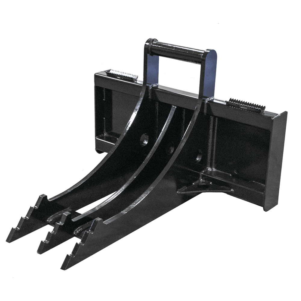 Angled front view of Prime Attachments Skid Steer Rock + Stump Ripper showing three serrated digging tines