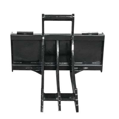 Angled front view of Prime Attachments Skid Steer Rock + Stump Ripper showing three serrated digging tines