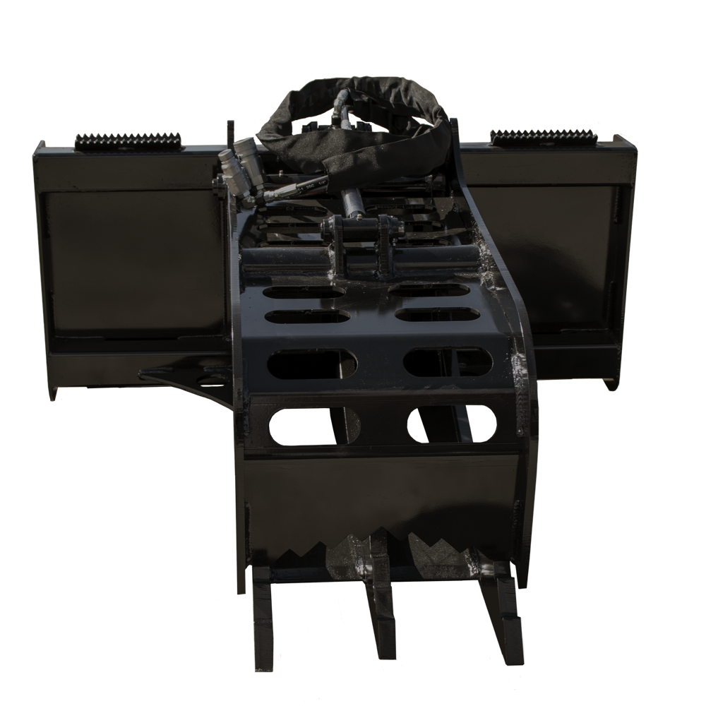Front view of Prime Attachments Skid Steer Rock + Stump Ripper Grapple showing grapple assembly, hydraulic hoses, and serrated ripper teeth