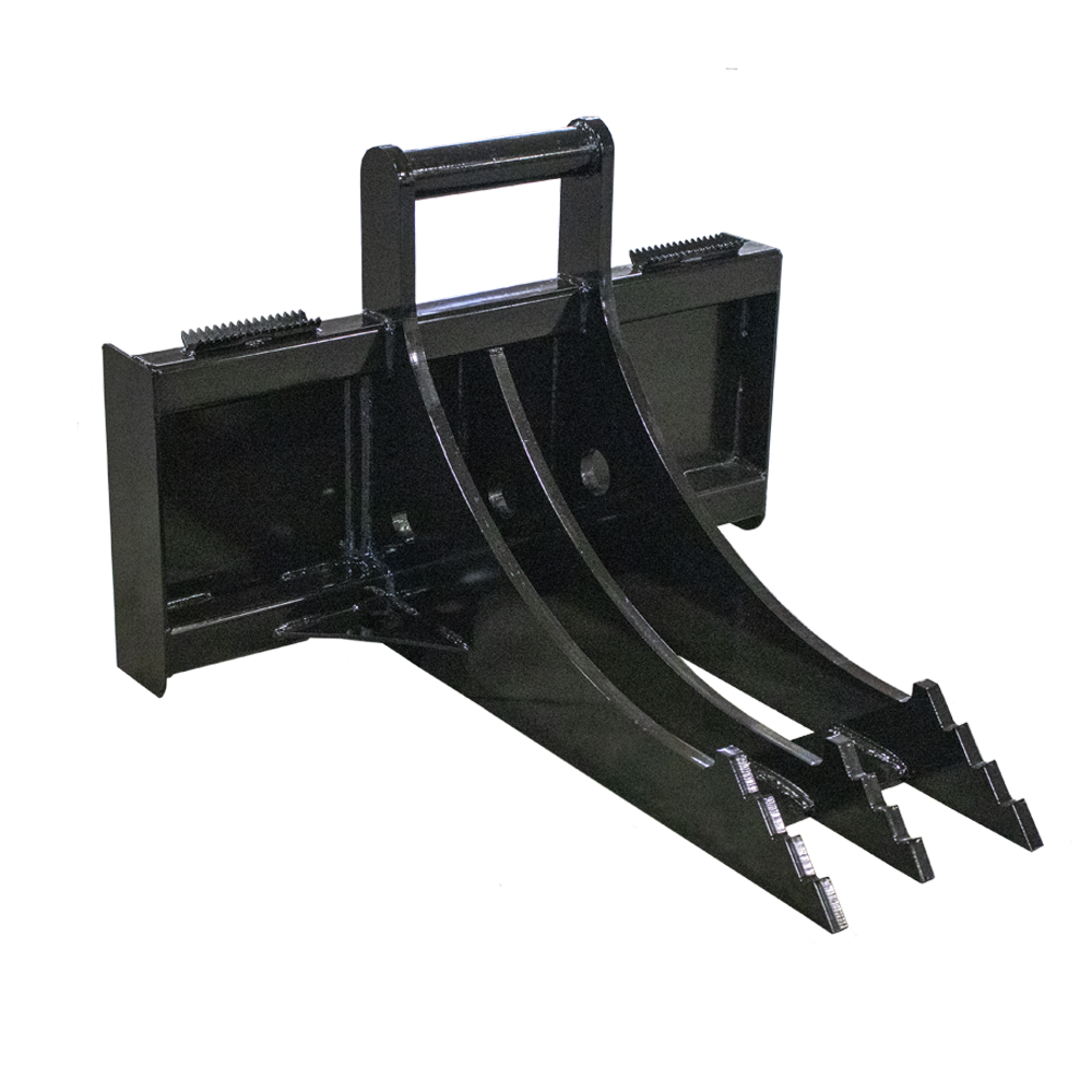 Opposite angled view of Prime Attachments Skid Steer Rock + Stump Ripper showing reinforced tines and serrated teeth