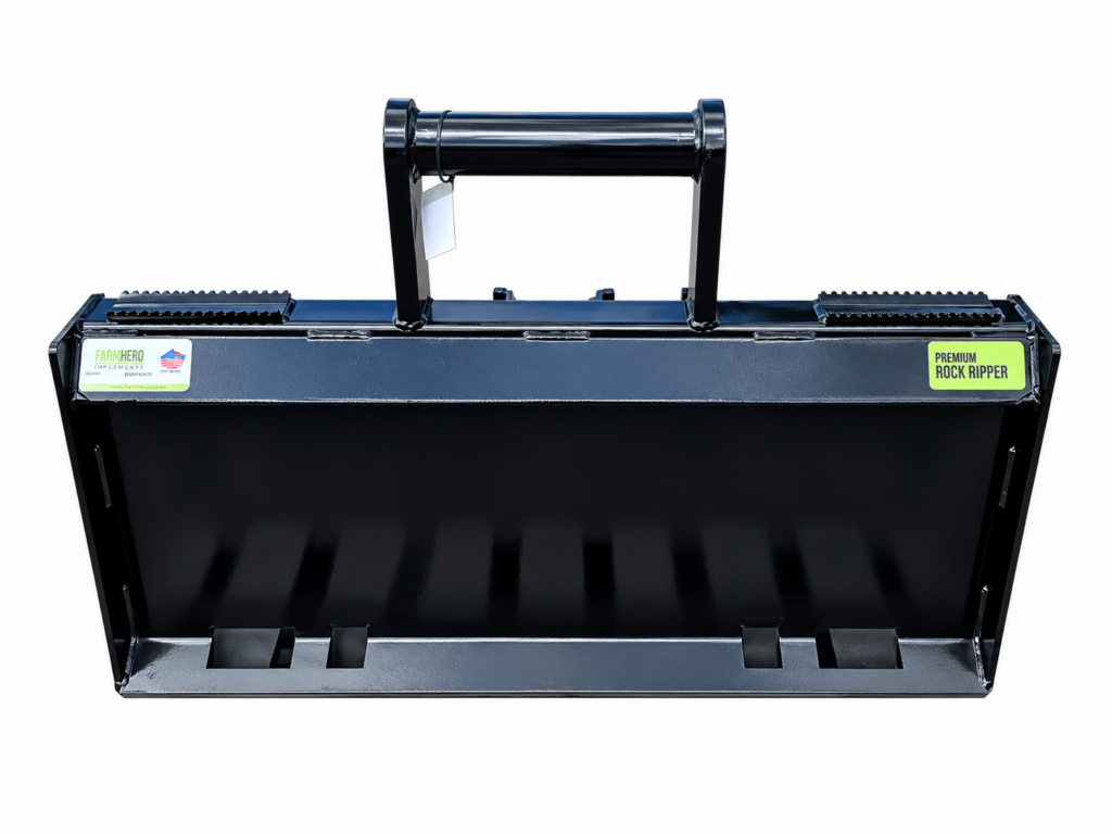 Rear view of Prime Attachments Rock + Stump Ripper showing the universal skid steer quick-attach mounting plate