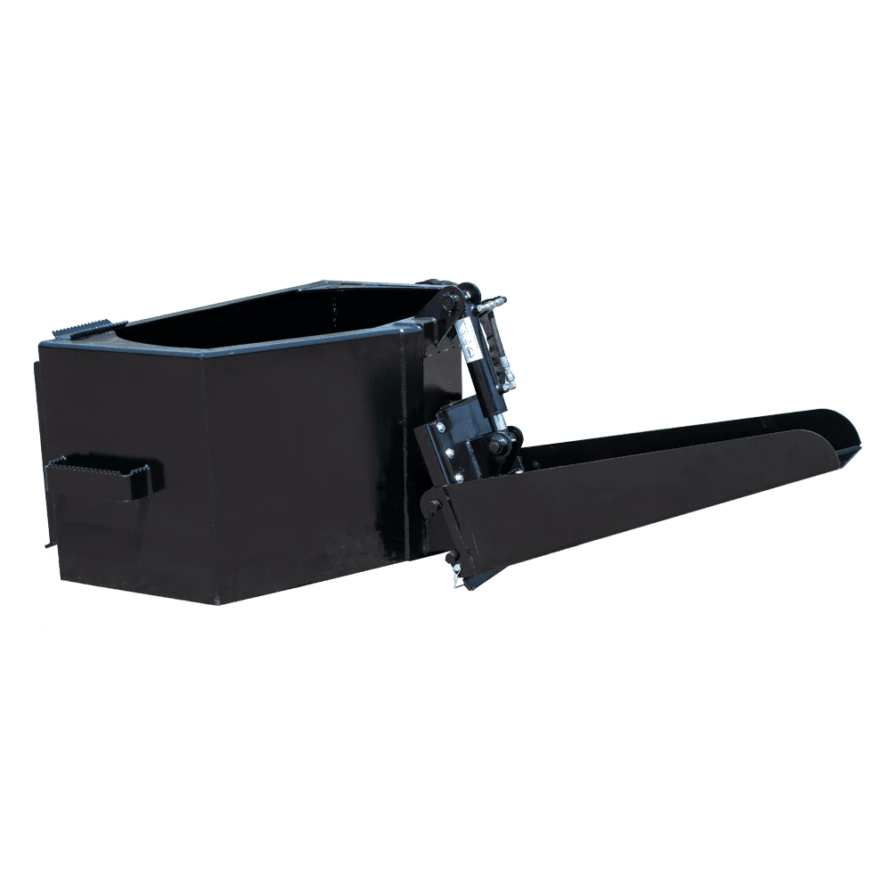 Side view of Prime Attachments Skid Steer Concrete Hopper showing removable concrete chute and hydraulic cylinder