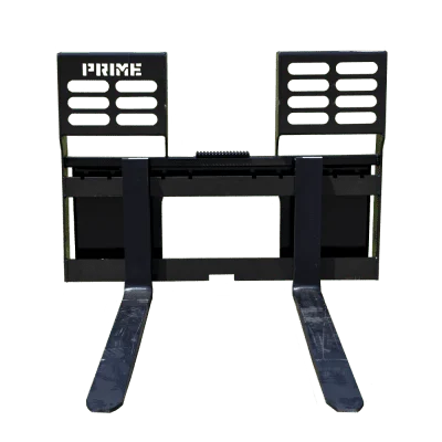 Front view of Prime Attachments Skid Steer Pallet Forks showing adjustable fork spacing and walk-through frame