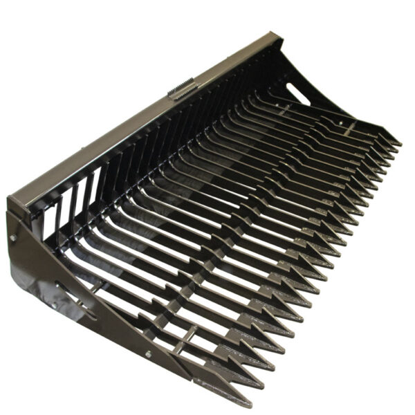 Opposite angled view of Prime Attachments Skid Steer Rock Bucket showing open tine design and reinforced bucket frame