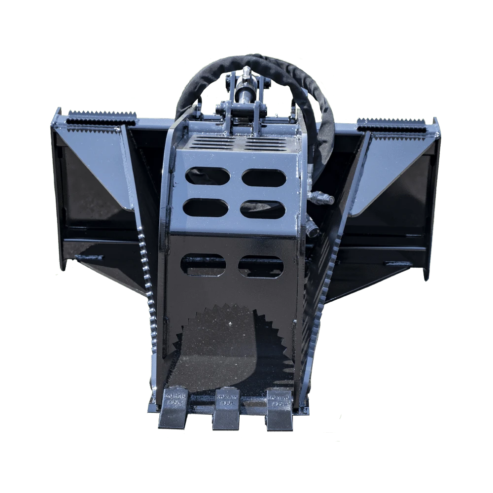 Front view of Prime Attachments Skid Steer Stump Bucket Grapple showing grapple opening, serrated bucket edges, and three digging teeth