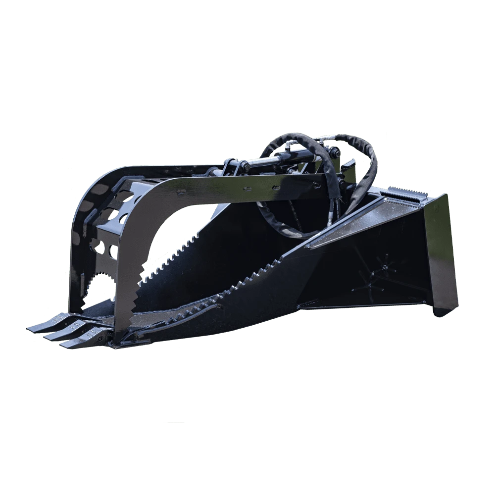 Side view of Prime Attachments Skid Steer Stump Bucket Grapple showing hydraulic grapple, tapered bucket profile, and serrated cutting edges