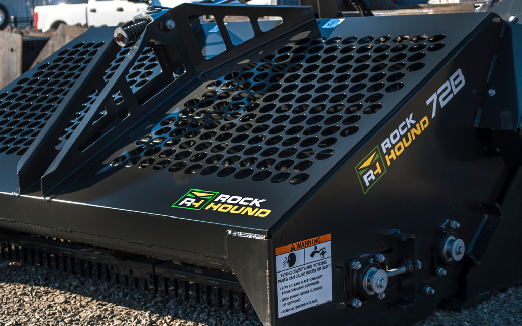 Close view of the RockHound 72B Landscape Rake screened top cover and center frame.