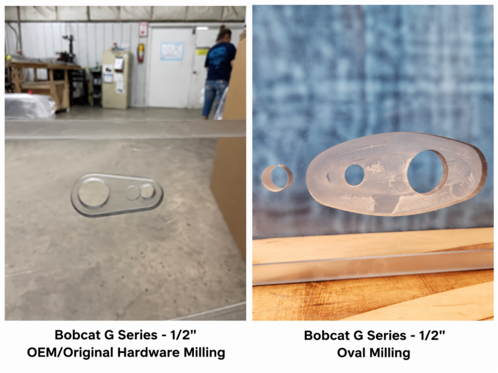 SHIELDS Bobcat G Series hardware milling comparison showing OEM original hardware milling and oval aftermarket milling