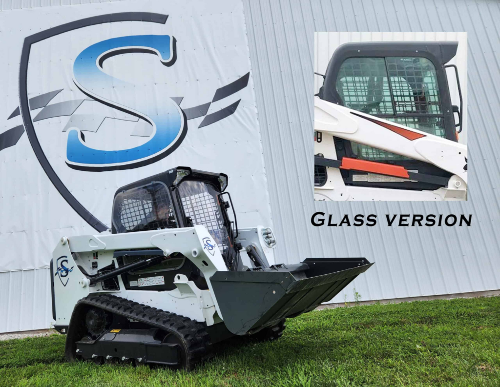 Bobcat M Series skid steer fitted with SHIELDS polycarbonate side windows, shown with factory glass comparison inset