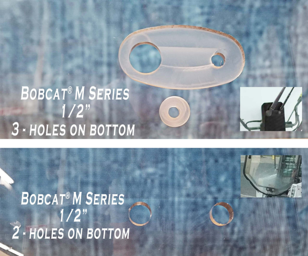 SHIELDS Bobcat M Series windshield comparison showing three-hole and two-hole lower mounting configurations