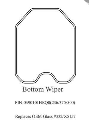 JCB #332/X5157 bottom-wiper windshield fitment diagram showing the bottom-wiper windshield shape
