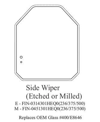 JCB #400/E8646 side-wiper windshield fitment diagram showing the side-wiper mounting location and etched or milled configuration